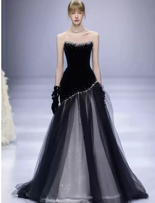 Black Luxury Minimalist Evening Gown, Host & Annual Dinner Dress, Heavy Craft Vocal Performance & Wedding Toast Dress