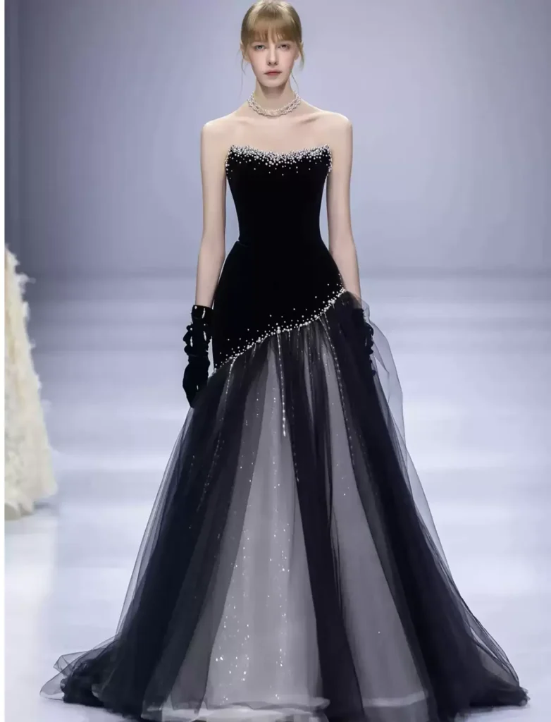 Black Luxury Minimalist Evening Gown, Host & Annual Dinner Dress, Heavy Craft Vocal Performance & Wedding Toast Dress