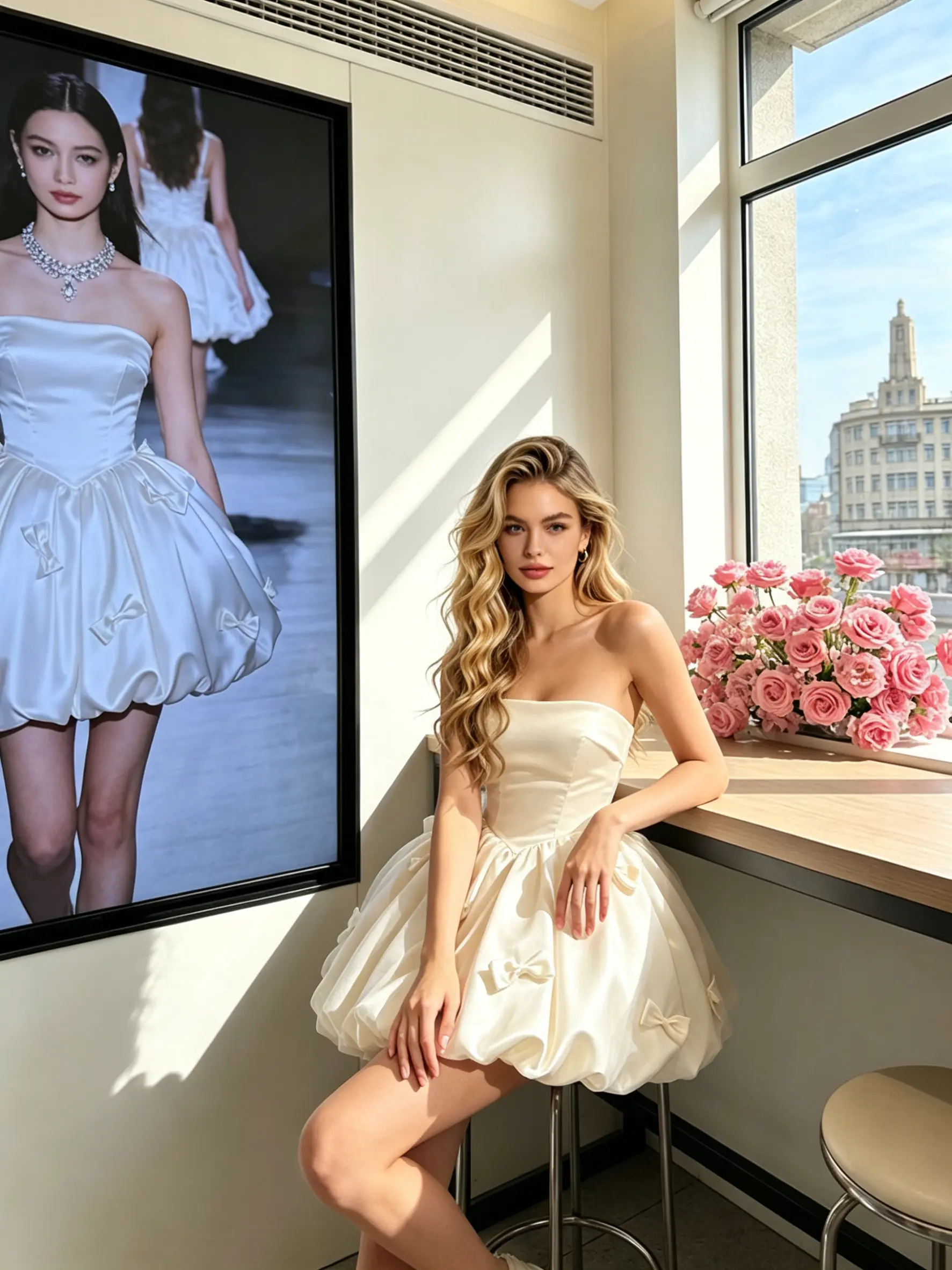 Cream Strapless Satin Mini Bridal Dress with 3D Bows Fluffy Bubble Hem Short Wedding Gown for Engagement Shoot