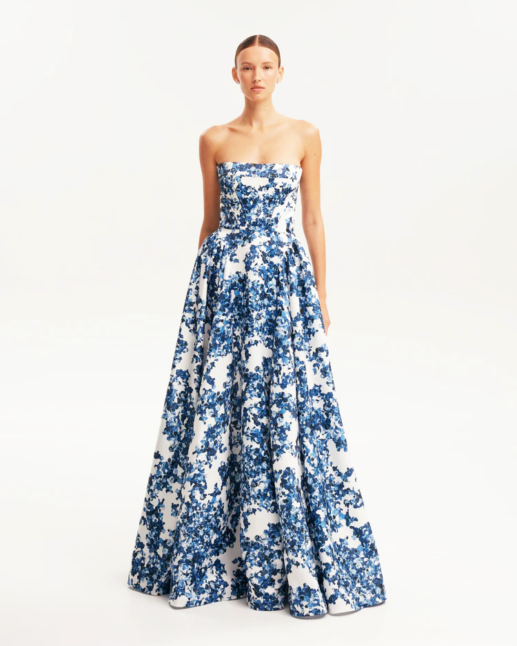 Strapless Blue Porcelain Floral A-Line Maxi Evening Gown Formal Dress Style